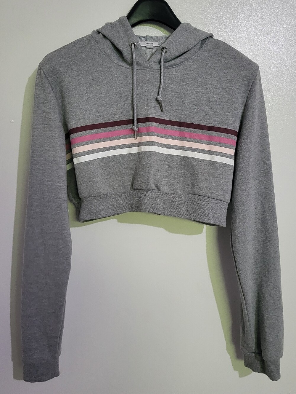 Ardene Gray Cropped Pullover Hoodie Pink Stripes Size S
